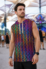 Rainbow Healing Hooded Tank Top, Psychedelic Sleeveless Festival Shirt, Neon Visionary Rave Top, Wearable Art Tank - lifestyle angle 2: front three quarter
