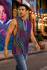 Rainbow Healing Hooded Tank Top, Psychedelic Sleeveless Festival Shirt, Neon Visionary Rave Top, Wearable Art Tank - lifestyle angle 3: side action