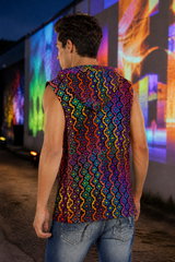 Rainbow Healing Hooded Tank Top, Psychedelic Sleeveless Festival Shirt, Neon Visionary Rave Top, Wearable Art Tank - lifestyle angle 4: rear three quarter