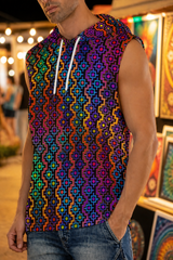 Rainbow Healing Hooded Tank Top, Psychedelic Sleeveless Festival Shirt, Neon Visionary Rave Top, Wearable Art Tank - lifestyle angle 5: torso detail