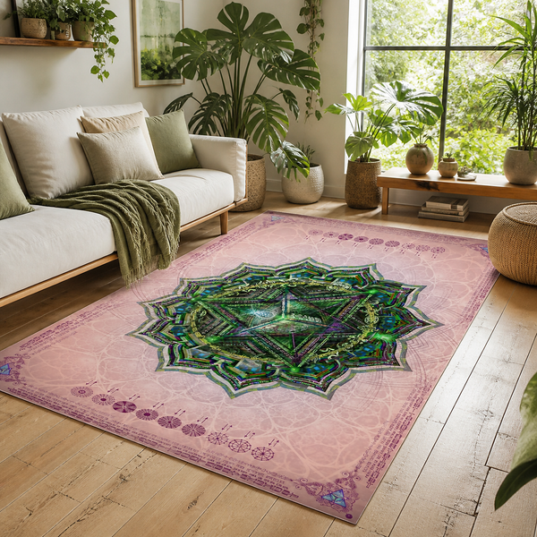 Anahata Heart Chakra Area Rug, Green Mandala Meditation Rug, Sacred Geometry Yoga Room Rug