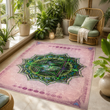 Anahata Heart Chakra Area Rug, Green Mandala Meditation Rug, Sacred Geometry Yoga Room Rug
