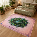 Anahata Heart Chakra Area Rug, Green Mandala Meditation Rug, Sacred Geometry Yoga Room Rug