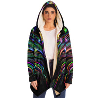 Enchanted Essence Micro Fleece Cloak, Hooded Wearable Art, Psychedelic Festival Layer — back — hood raised