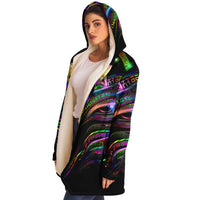 Enchanted Essence Micro Fleece Cloak, Hooded Wearable Art, Psychedelic Festival Layer — wearer-right three-quarter — hood lowered