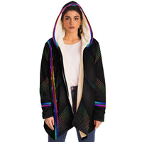 Solid Spectrum Micro Fleece Cloak, Hooded Wearable Art, Psychedelic Festival Layer — wearer-right three-quarter — hood lowered