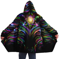 Enchanted Essence Micro Fleece Cloak, Hooded Wearable Art, Psychedelic Festival Layer — front — hood raised