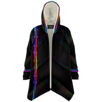 Solid Spectrum Micro Fleece Cloak, Hooded Wearable Art, Psychedelic Festival Layer — front — hood raised