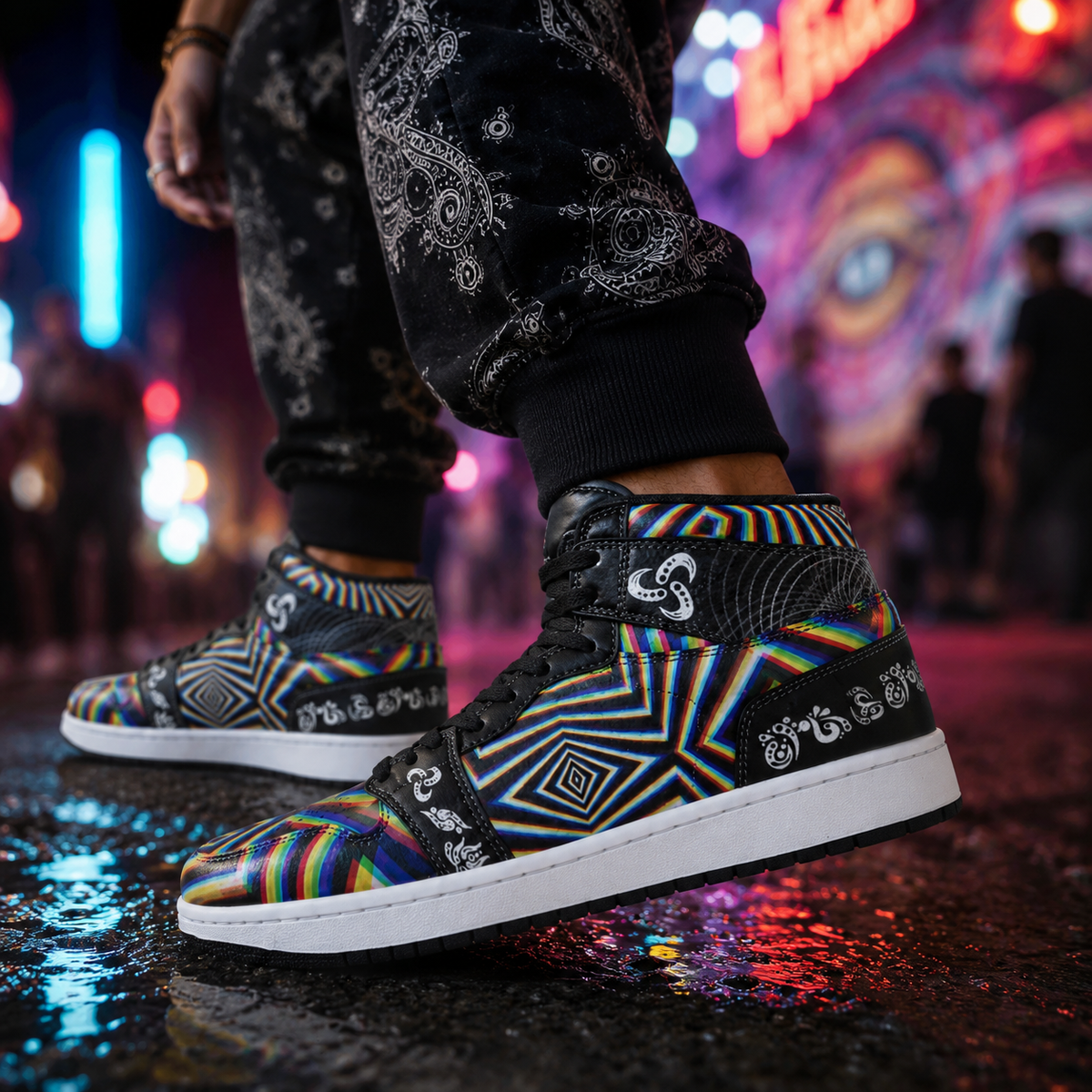 Psychedelic Rainbow High-Top Streetwear Shoes | Festival Sneakers | Unisex Statement Footwear