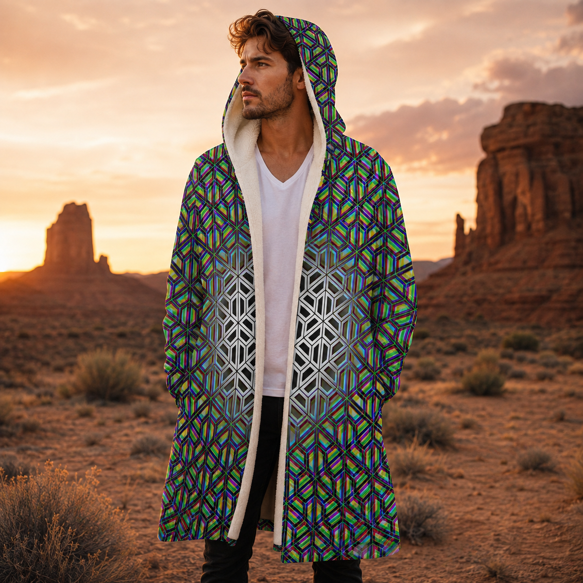 Flux Capacitor Micro Fleece Cloak, Psychedelic Hooded Wearable Art, Festival Outerwear
