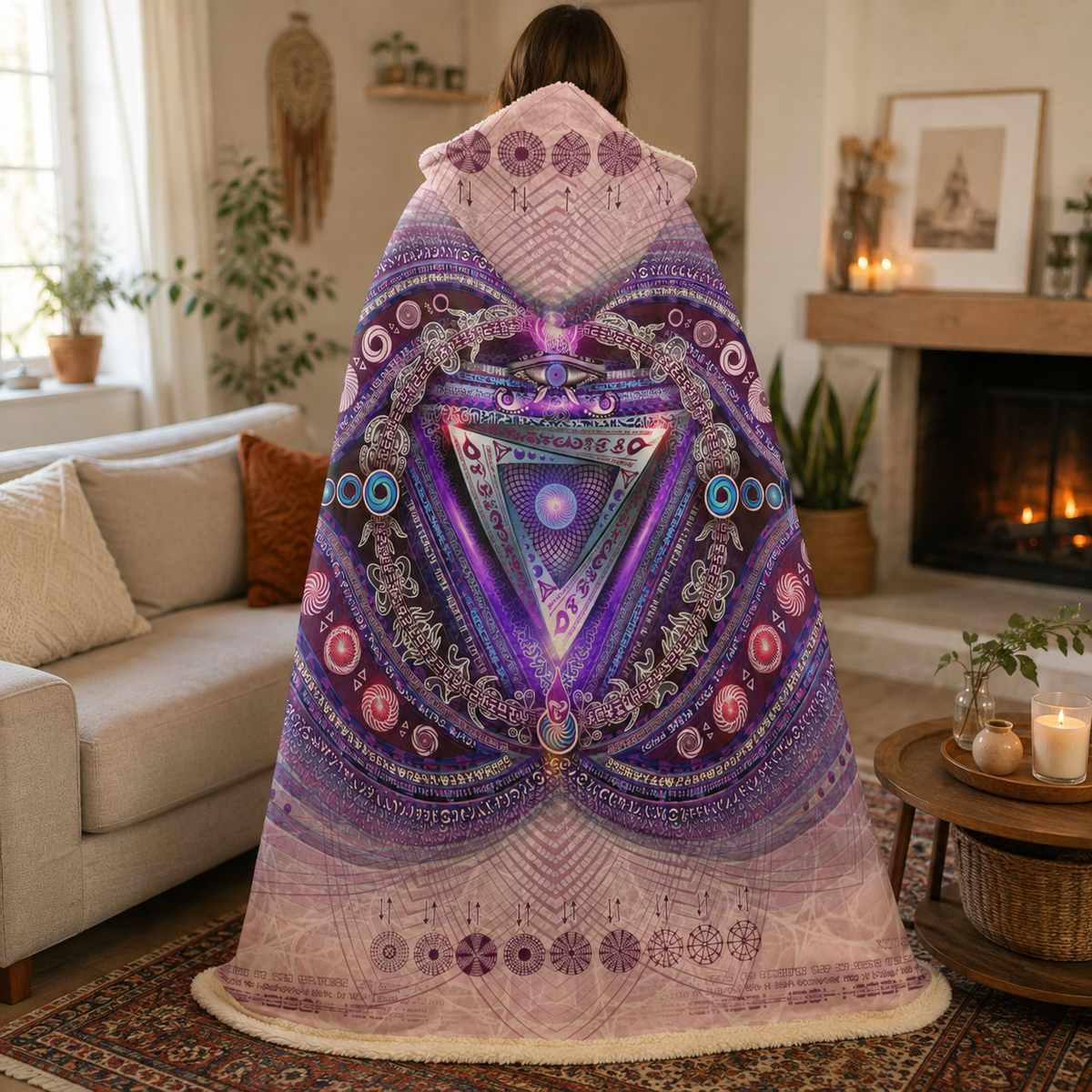 Ajna Third Eye Chakra Hooded Blanket, Purple Mandala Sherpa Fruit Throw, Meditation Gift, Sacred Geometry Blanket