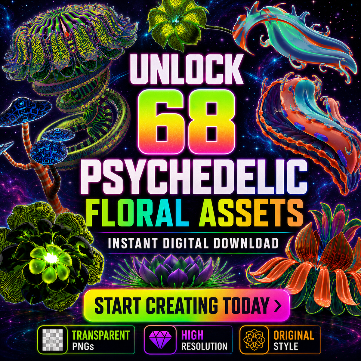 3D Floral Asset Pack - Psychedelic Art Graphic Assets