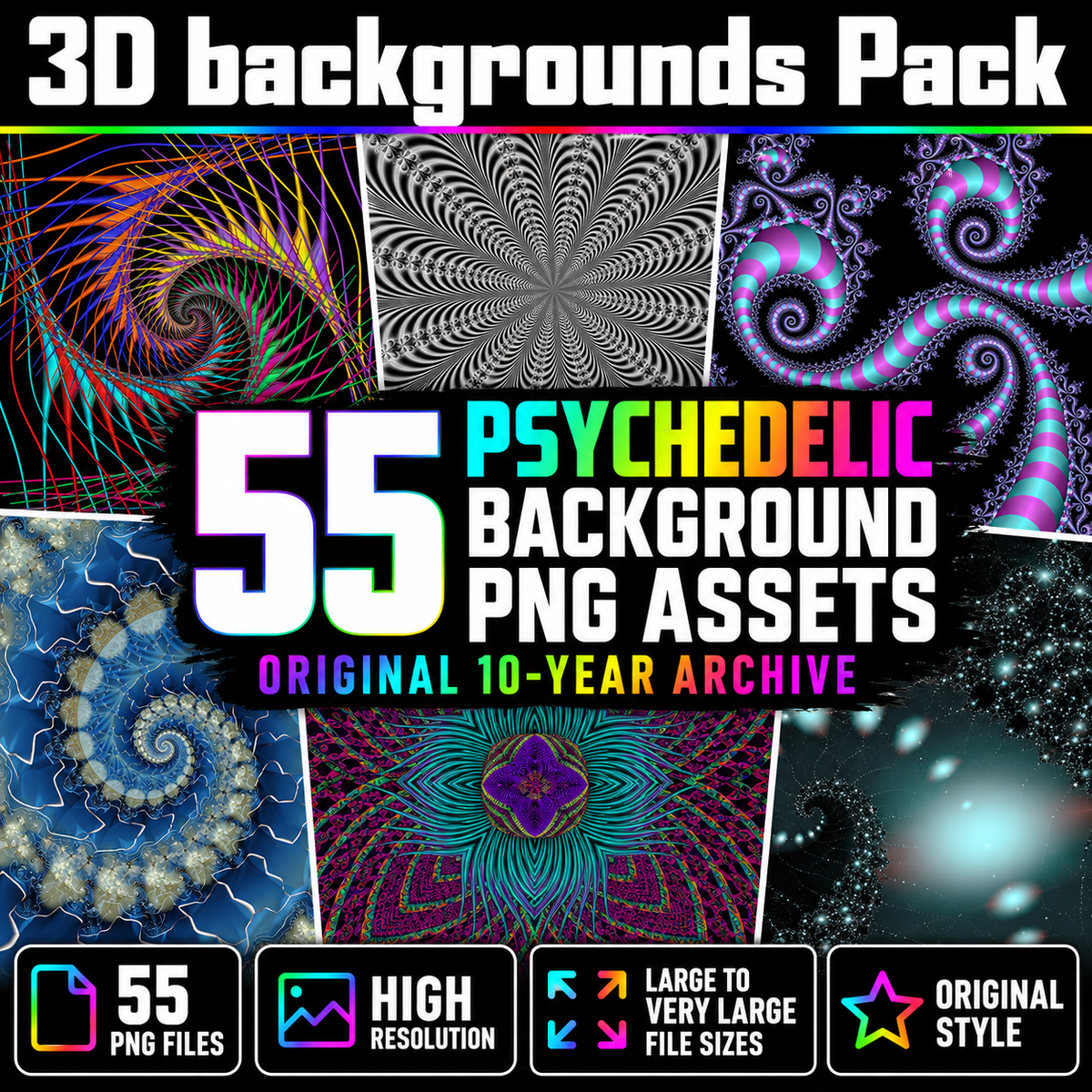 55 Psychedelic Background PNG Assets, Abstract 3D Fractal Backdrops for Digital Art, Posters & Design