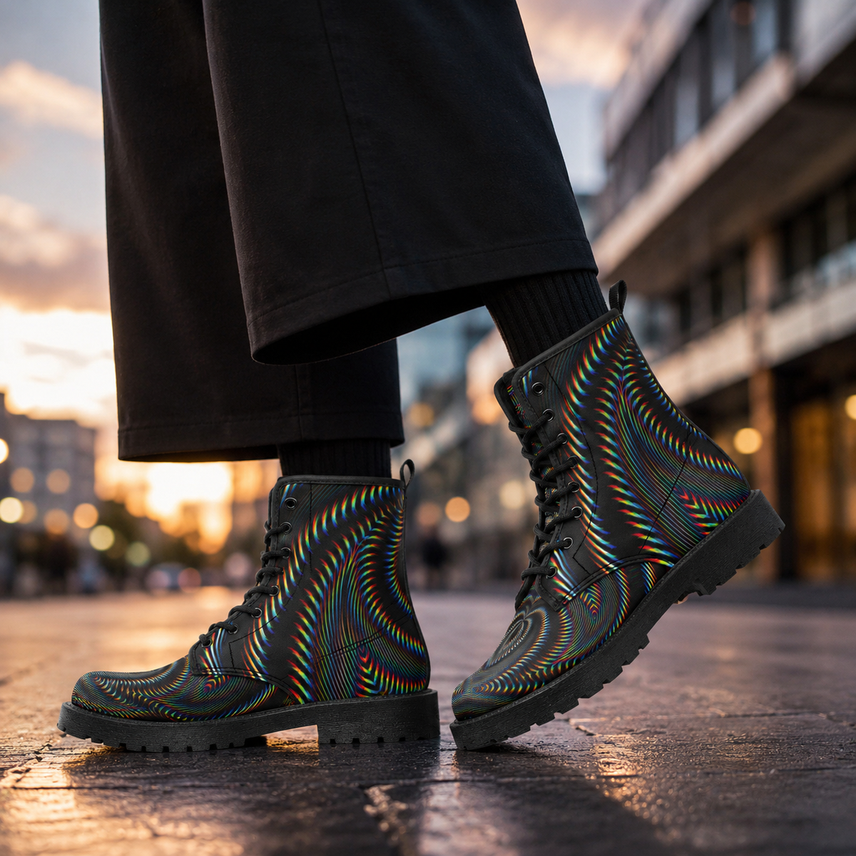 Waveform Psychedelic Combat Boots, Unisex Trippy Festival Shoes, Optical Illusion Streetwear