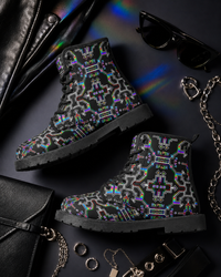 Prismatic Grid Cyberpunk Combat Boots, Unisex Neon Festival Shoes, Techwear Streetwear