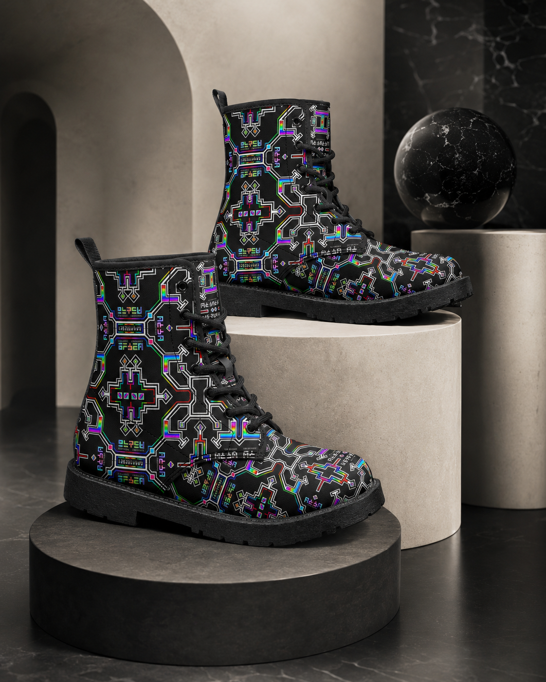 Prismatic Grid Cyberpunk Combat Boots, Unisex Neon Festival Shoes, Techwear Streetwear