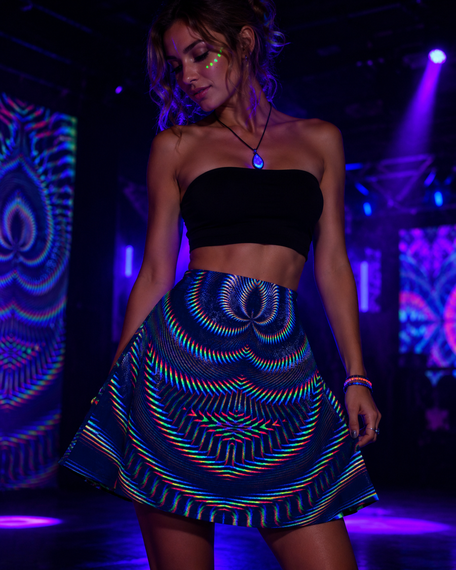 Waveform Glitter Flare Skirt, Psychedelic A-Line Festival Mini, Blacklight Reactive
