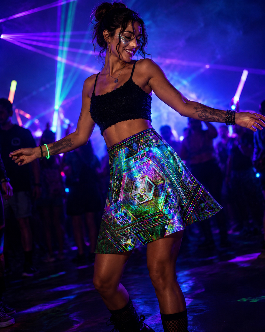 Trinary Transcendence Glitter Flare Skirt, Psychedelic Rave Festival Mini Skirt, UV Reactive!