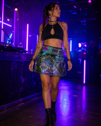 Trinary Transcendence Glitter Flare Skirt, Psychedelic Rave Festival Mini Skirt, UV Reactive!