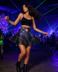 Enchanted Essence UV Active Glitter Flare Skirt, Psychedelic Rave Festival Mini Skirt