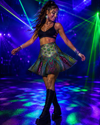 Primordial Presence Glitter Flare Skirt, UV Reactive Psychedelic Rave Skirt, Festival Mini Skirt, Neon Sacred Geometry Dancewear