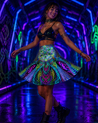 Primordial Presence Glitter Flare Skirt, UV Reactive Psychedelic Rave Skirt, Festival Mini Skirt, Neon Sacred Geometry Dancewear