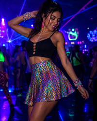 Rainbow Healing Glitter Flare Skirt, UV Reactive Psychedelic Festival Skirt, Neon Rave Mini Skirt, Colorful A Line Dancewear