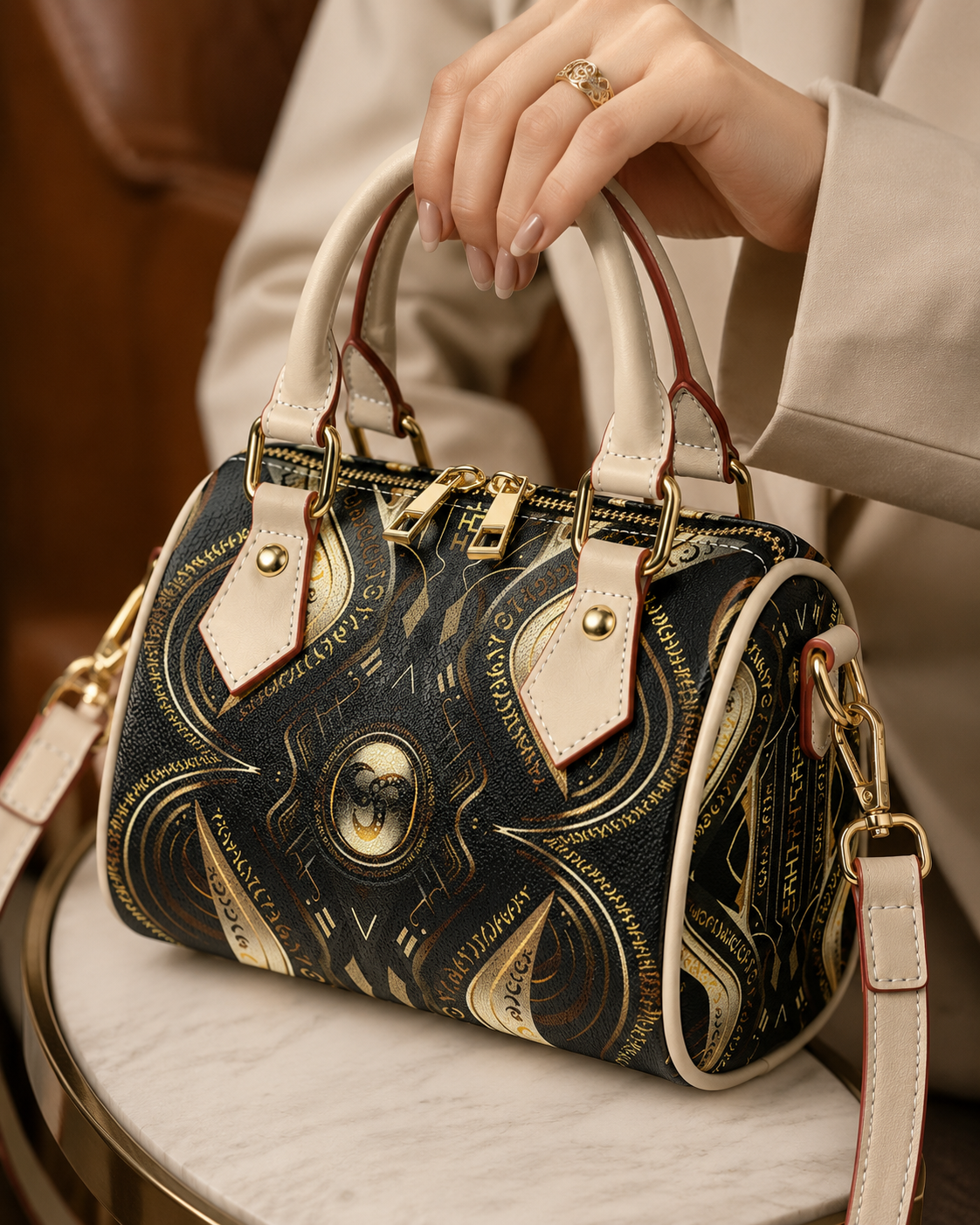 Golden Age Crossbody Handbag, Black Gold Sacred Geometry Purse, Luxury Pattern Mini Satchel Bag, Small Vegan Leather Shoulder Bag