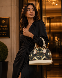 Golden Age Dome Satchel Handbag, Black Gold Luxury Purse, Structured PU Leather Bag, Elegant Top Handle Bag, Occult Art Handbag, Gift for Her
