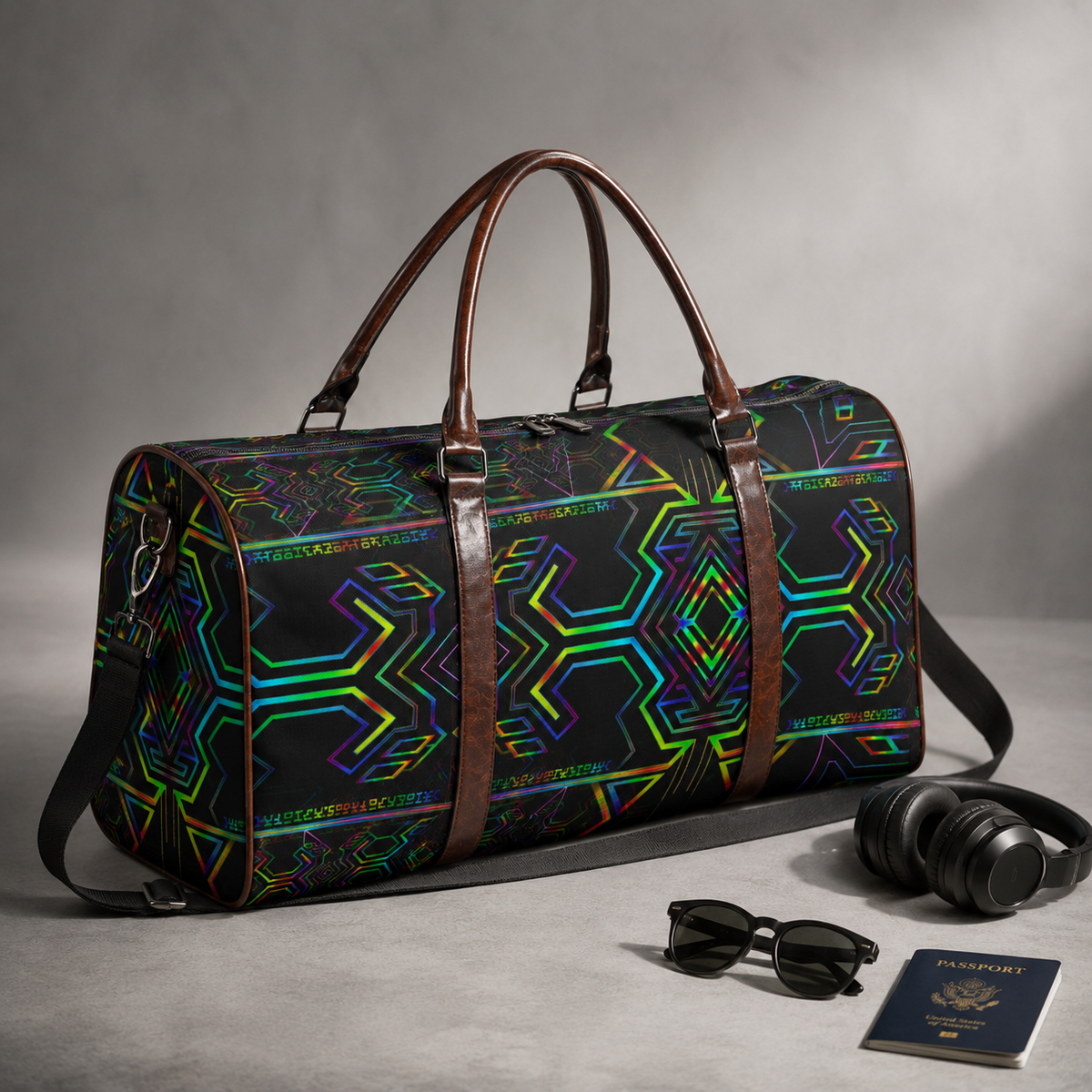 Tryptek Duffel Bag, Psychedelic Sacred Geometry Travel Bag, Neon Gym Bag, Festival Weekender Bag, Trippy Canvas Overnight Duffle
