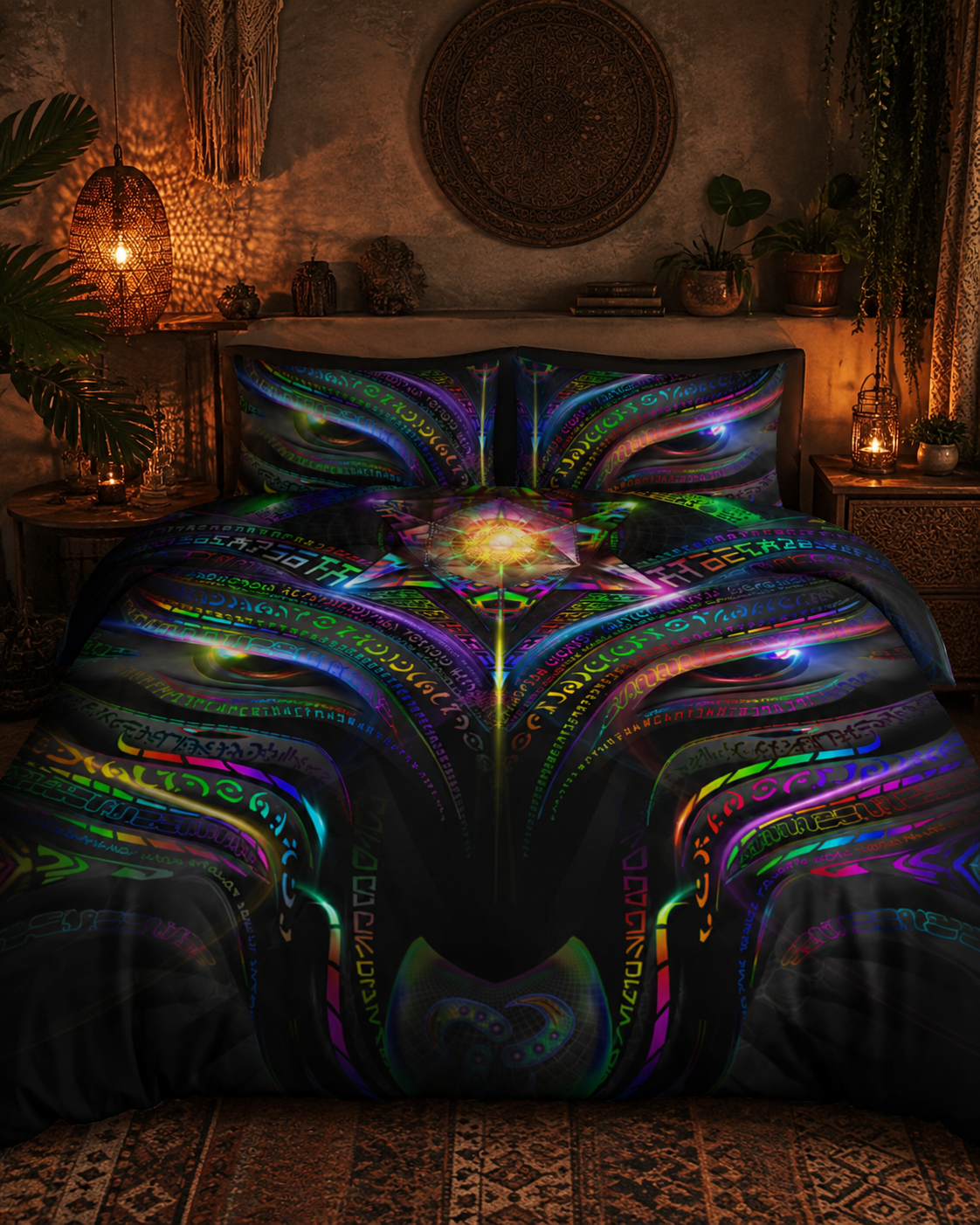 Enchanted Essence Bedding Set, Psychedelic Duvet Cover Set, Rainbow Visionary Art Bedding, Mystical Bedroom Decor, Neon Black Bed Set