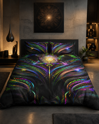 Enchanted Essence Bedding Set, Psychedelic Duvet Cover Set, Rainbow Visionary Art Bedding, Mystical Bedroom Decor, Neon Black Bed Set