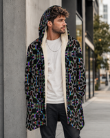 Prismatic Grid Micro Fleece Cloak, Hooded Wearable Art, Psychedelic Festival Layer — front — hood lowered