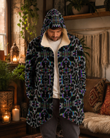 Prismatic Grid Micro Fleece Cloak, Hooded Wearable Art, Psychedelic Festival Layer — back spread — hood raised
