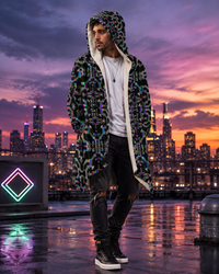 Prismatic Grid Micro Fleece Cloak, Hooded Wearable Art, Psychedelic Festival Layer — back — hood raised