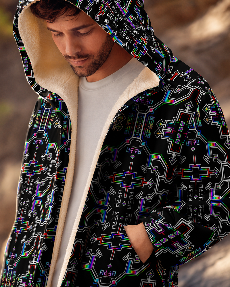 Prismatic Grid Micro Fleece Cloak, Hooded Wearable Art, Psychedelic Festival Layer — front — hood raised