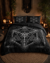Higher Order Bedding Set, Sacred Geometry Duvet Cover, Black White Occult Bedding, Metatron Cube Bedroom Decor, Mystical Bed Set