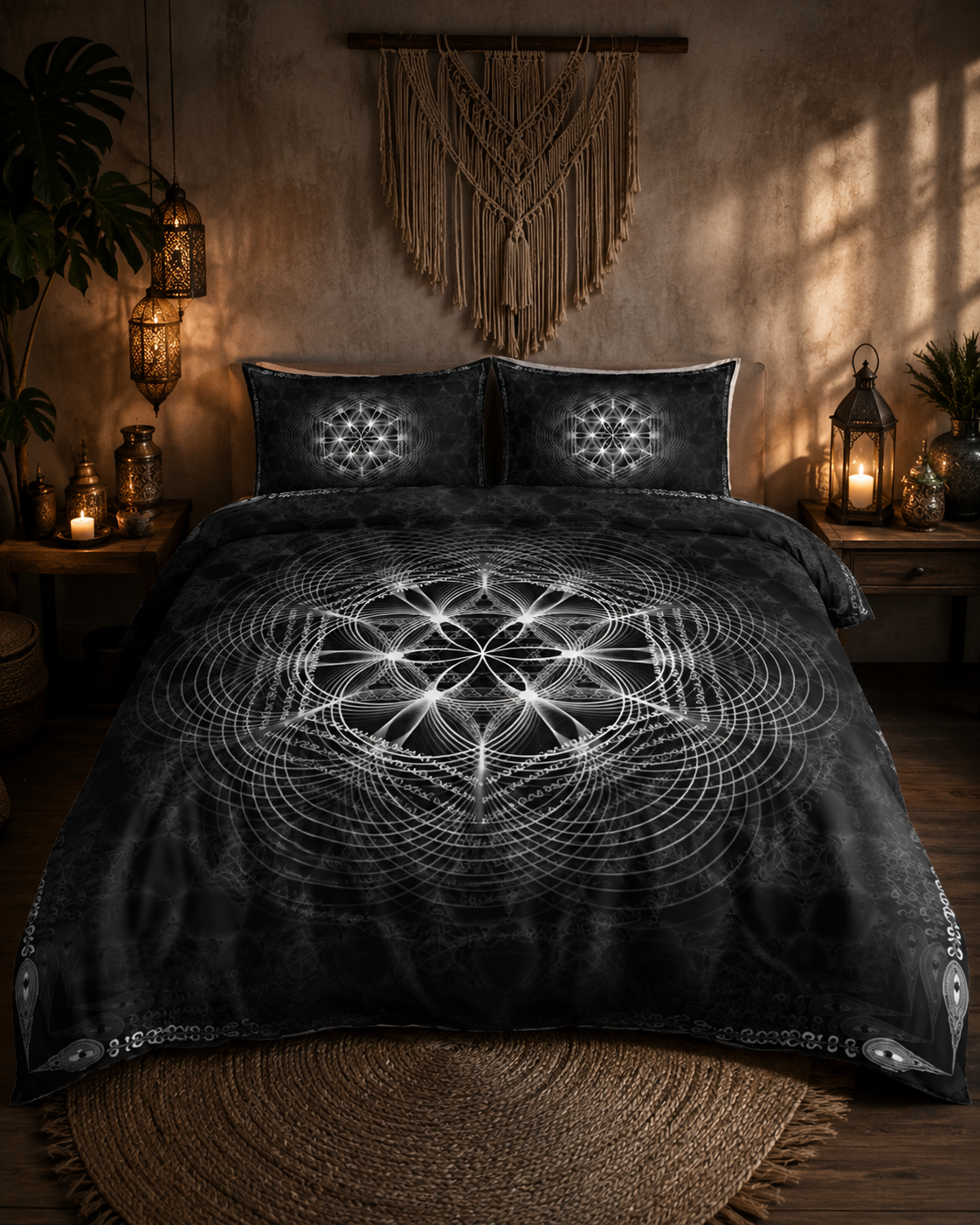 Sacred Bedding Set, Black Sacred Geometry Duvet Cover Set, Flower of Life Bedding, Mystical Bedroom Decor, Occult Geometric Bed Set