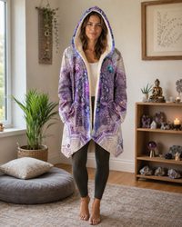 Sahasrara Micro Fleece Cloak, Hooded Wearable Art, Psychedelic Festival Layer — wearer-right three-quarter — hood lowered