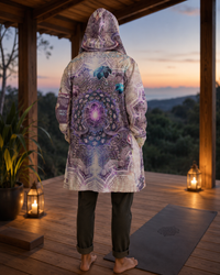Sahasrara Micro Fleece Cloak, Hooded Wearable Art, Psychedelic Festival Layer — back spread — hood raised