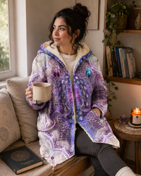 Sahasrara Micro Fleece Cloak, Hooded Wearable Art, Psychedelic Festival Layer — front — hood raised