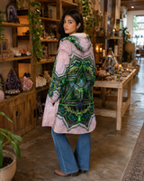 Anahata Heart Chakra Micro Fleece Cloak, Hooded Wearable Art, Psychedelic Festival Layer — wearer-right three-quarter — hood lowered