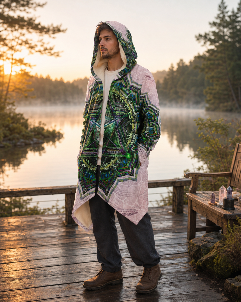 Anahata Heart Chakra Micro Fleece Cloak, Hooded Wearable Art, Psychedelic Festival Layer — front — hood raised