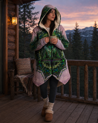 Anahata Heart Chakra Micro Fleece Cloak, Hooded Wearable Art, Psychedelic Festival Layer — back spread — hood raised