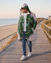 Anahata Heart Chakra Micro Fleece Cloak, Hooded Wearable Art, Psychedelic Festival Layer — back — hood raised