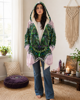 Anahata Heart Chakra Micro Fleece Cloak, Hooded Wearable Art, Psychedelic Festival Layer — front — hood lowered