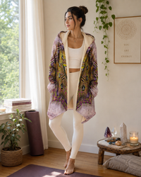 Manipura Solar Plexus Chakra Micro Fleece Cloak, Hooded Wearable Art, Psychedelic Festival Layer — wearer-right three-quarter — hood lowered
