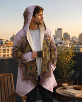 Manipura Solar Plexus Chakra Micro Fleece Cloak, Hooded Wearable Art, Psychedelic Festival Layer — back — hood raised