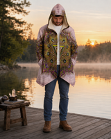 Manipura Solar Plexus Chakra Micro Fleece Cloak, Hooded Wearable Art, Psychedelic Festival Layer — front — hood lowered