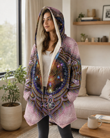 Svadhisthana Micro Fleece Cloak, Hooded Wearable Art, Psychedelic Festival Layer — back spread — hood raised